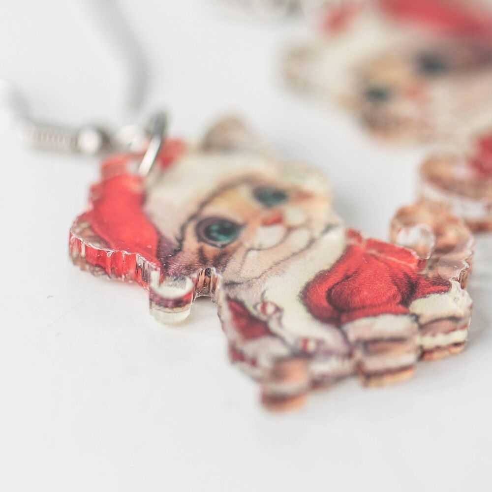 Cute Vintage Christmas Santa Kitten Acrylic Dangle Earrings Holiday Cat Jewelry - Picture 3 of 5